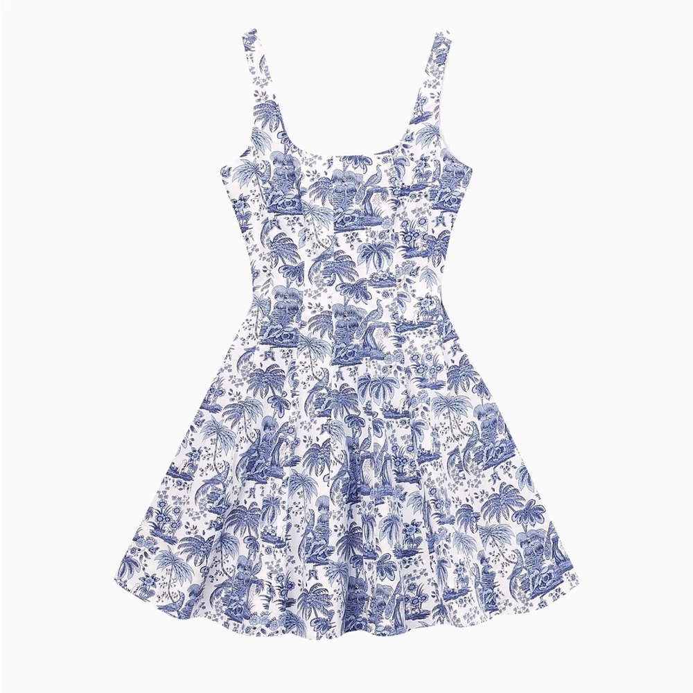 NEW STAUD Blue and White Toile Wells Mini dress